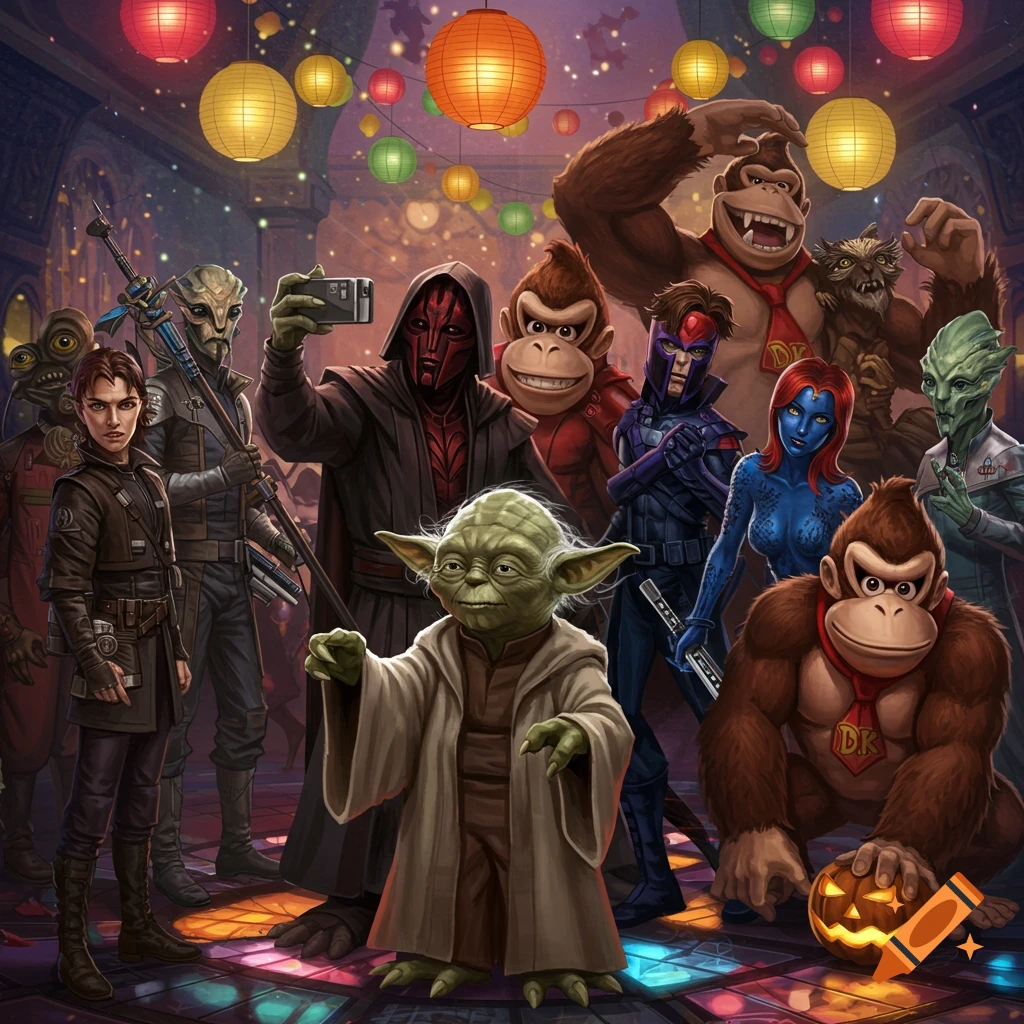 A gathering of various pop culture characters at a festive Halloween party, including Yoda, a Sith Lord, Donkey Kong, and Mystique, under colorful lanterns.