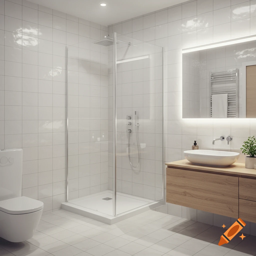 Photorealistic image of a modern, clean bathroom with white tiles, a glass shower, a wooden vanity with a sink, and a toilet.