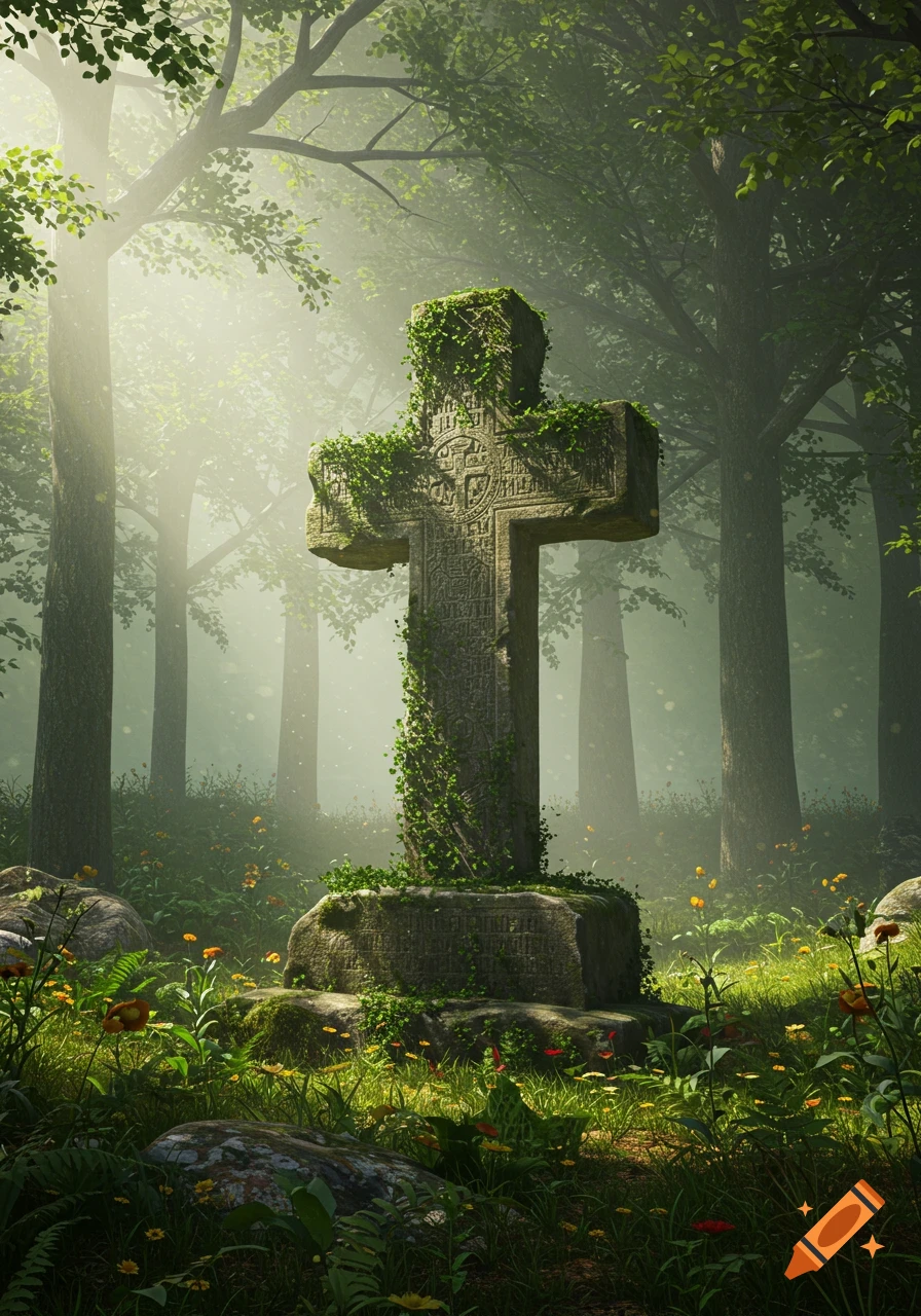 A moss-covered stone Celtic cross stands in a misty, sunlit forest with green foliage and wildflowers, photorealistic style.
