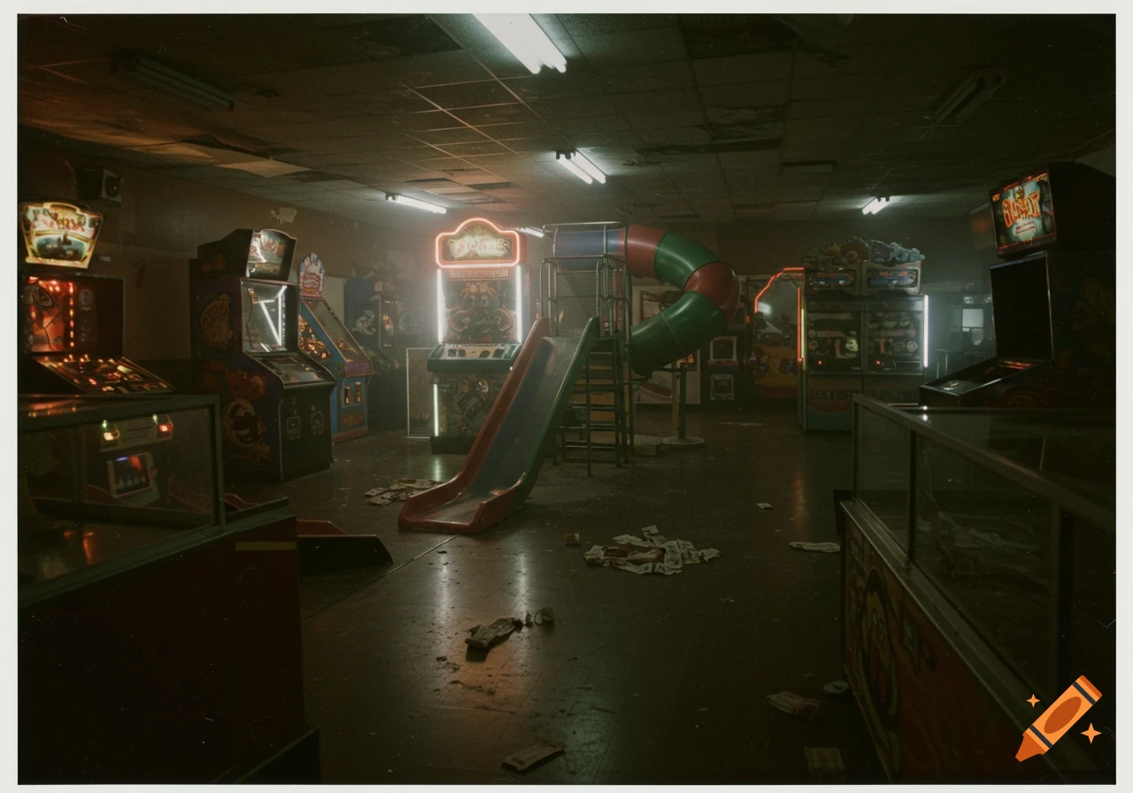 A dark, empty Chuck E. Cheese arcade with dimly lit machines, a tube slide, and scattered trash, in the style of an old Polaroid picture.