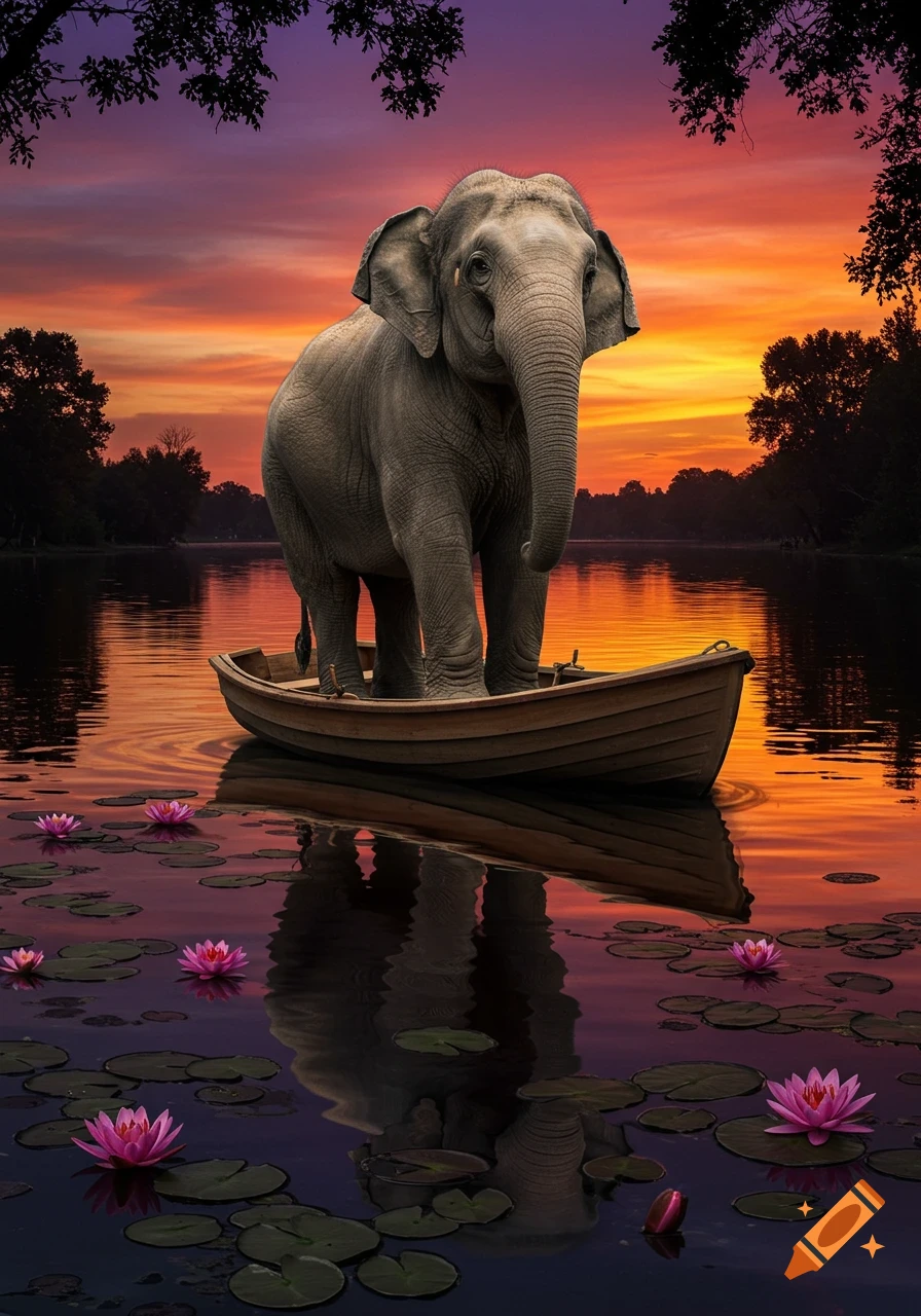 A large elephant stands in a wooden rowboat on a lake with pink lotus flowers, reflected under a vibrant orange and purple sunset. Photorealistic.