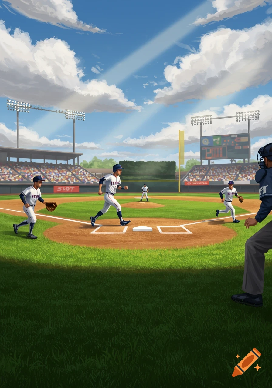 An illustrated baseball game scene with players on the field, a runner near home plate, and a catcher in the foreground, under a bright blue sky.
