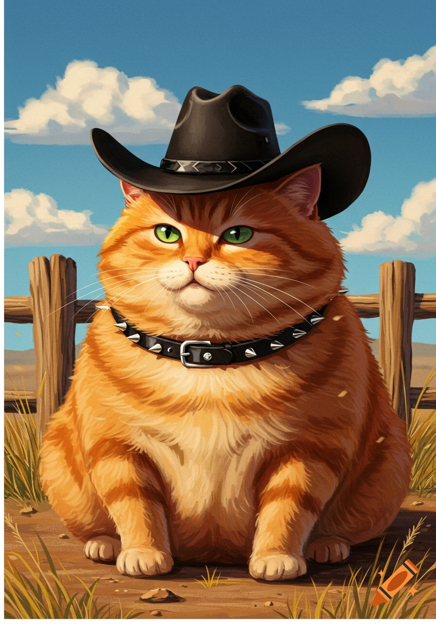 Chubby orange cat in a black cowboy hat and spiked collar, sitting in a field, vibrant illustration.
