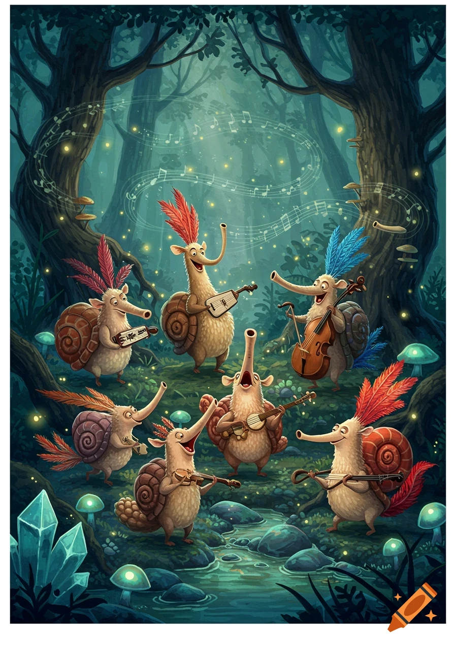 Whimsical cartoon illustration of snail-like creatures with plumes playing instruments in a magical forest.