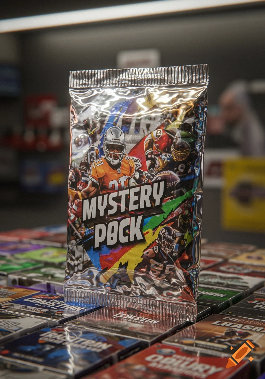 A photorealistic close-up of a sealed 'MYSTERY PACK' of football cards standing upright on a table, surrounded by other trading card packs.