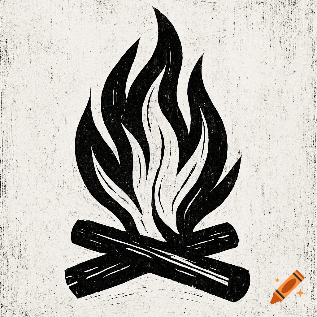 A black and white woodblock print illustration of a campfire with flames rising from two logs.