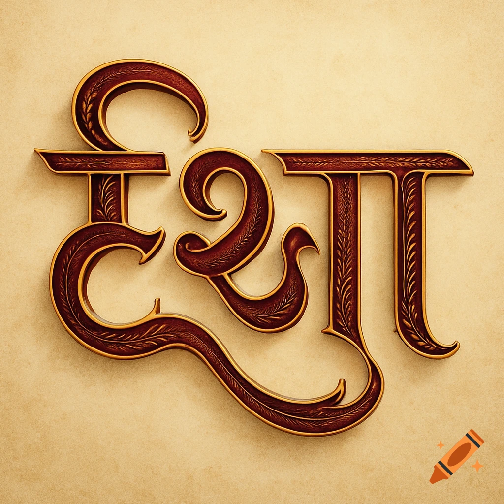 Ornate, 3D 'Esha' text in Hindi script-inspired font, dark wood with gold trim on a textured beige background.