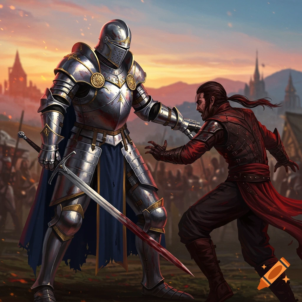 A knight in ornate silver armor with a bloodied sword confronts a warrior in red and black on a battlefield at sunset.