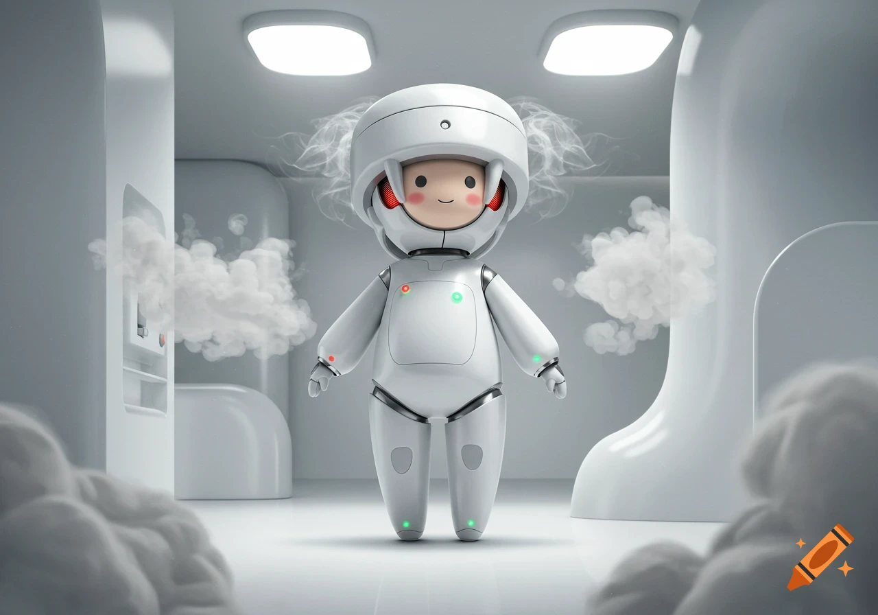 A cute, white, humanoid robot with a helmet-like head and rosy cheeks stands in a futuristic, white room with smoke.