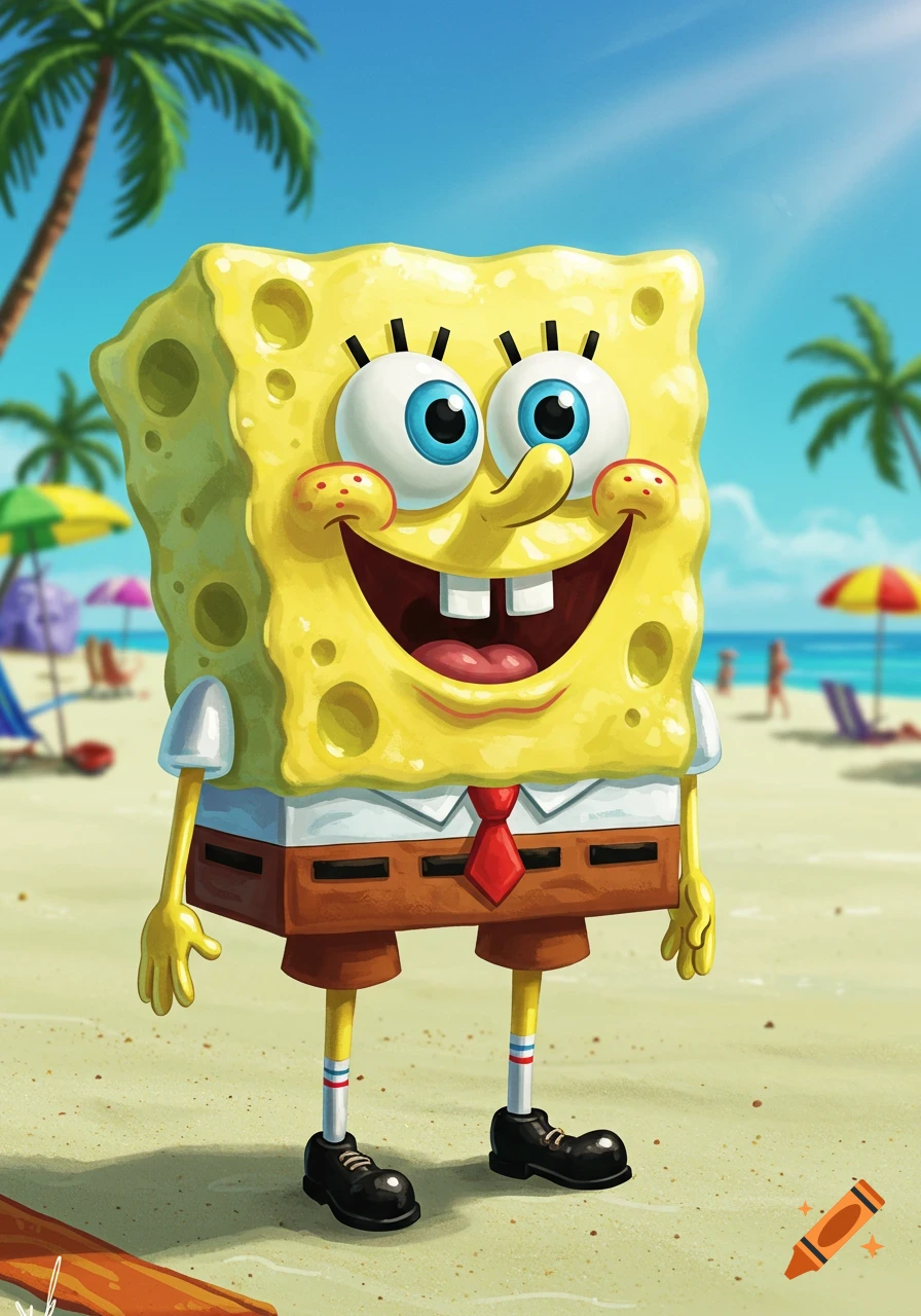 Spongebob Squarepants smiling on a sunny beach with palm trees and umbrellas in a stylized, semi-realistic art style.