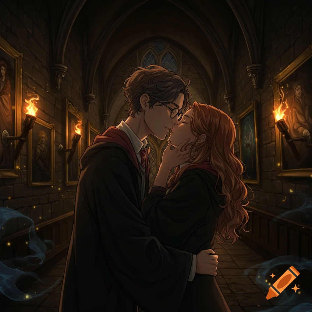 An anime-style drawing of a Ravenclaw boy with glasses kissing a Gryffindor girl in a dark Hogwarts hallway with torchlight.