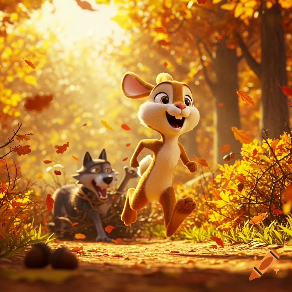 A triumphant cartoon rabbit runs through a sunny autumn forest of golden leaves, as a struggling wolf is tangled in bushes behind.
