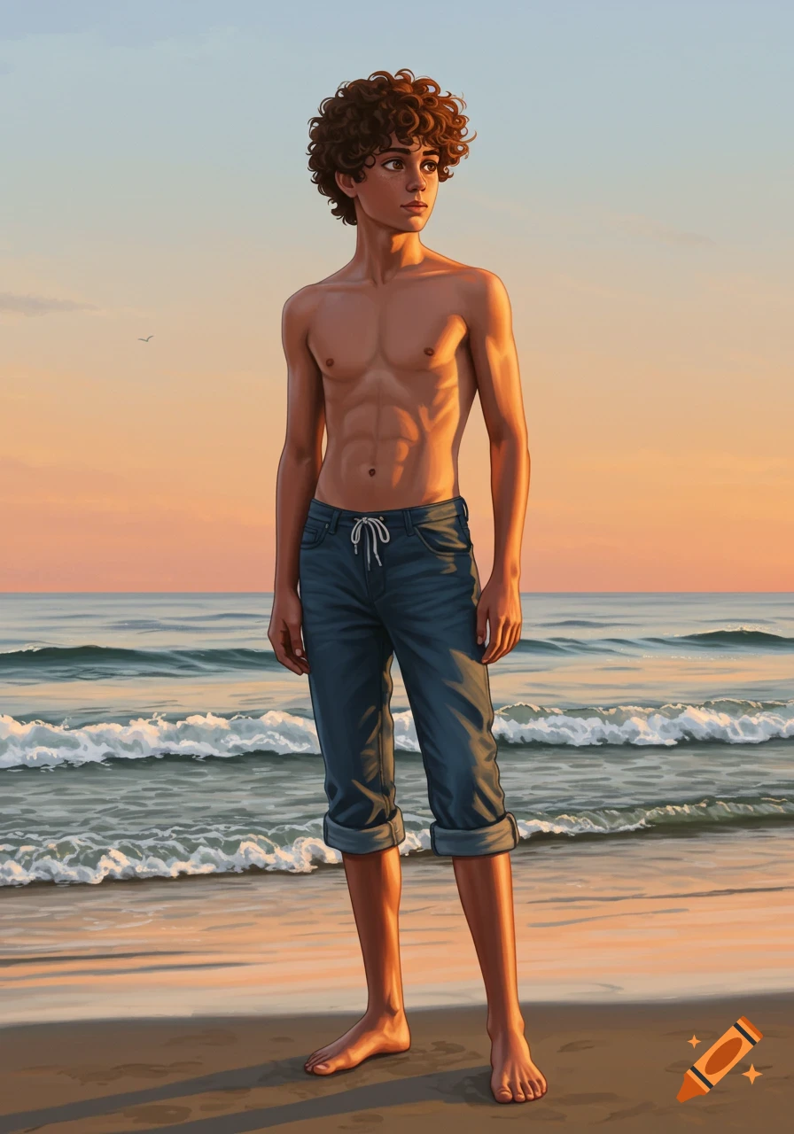 A tall, tan teenage boy with curly brown hair stands barefoot on a sandy beach looking at the ocean during sunset, digital art.