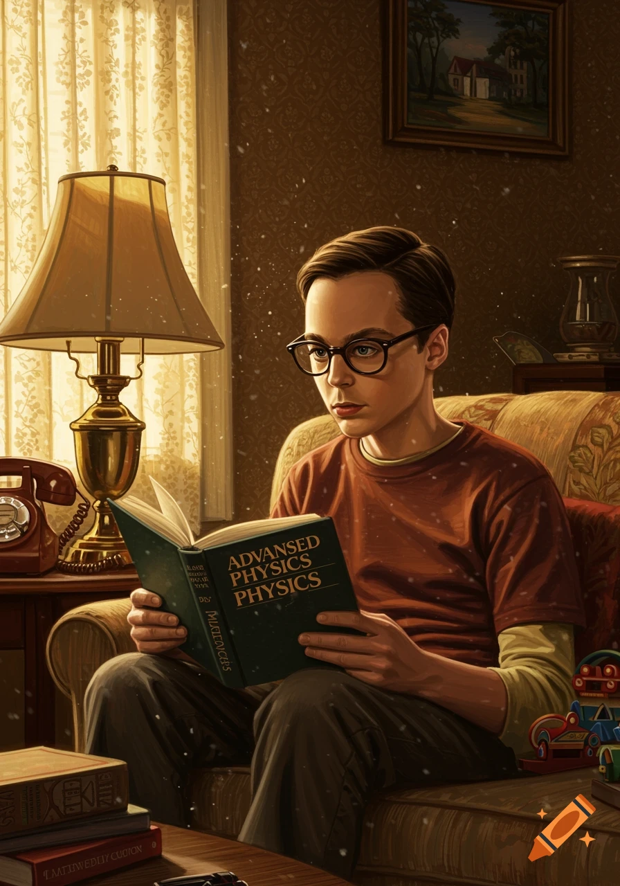 A young boy resembling Sheldon Cooper sits in a vintage armchair, intently reading an "ADVANCED PHYSICS" book under a warm lamp light.