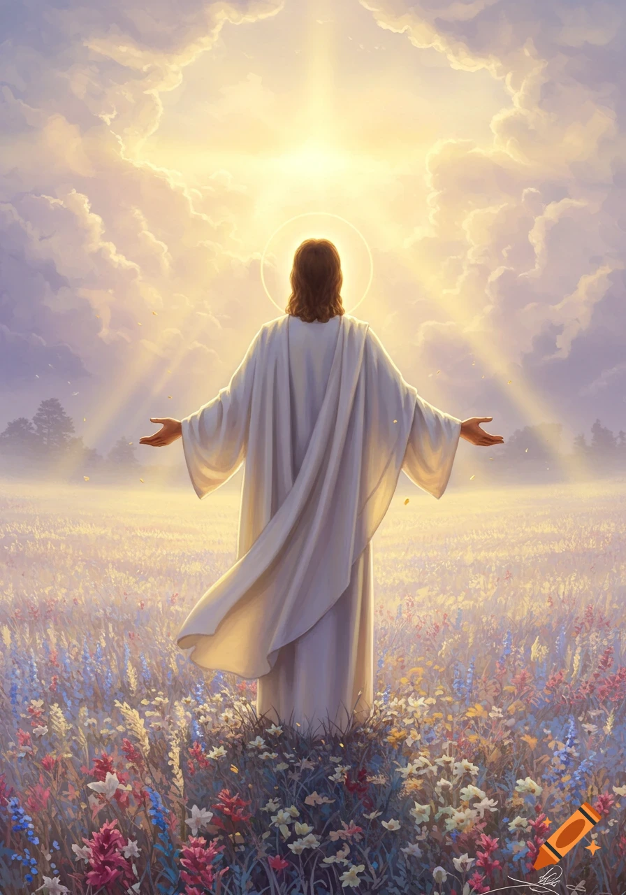 Jesus stands with arms outstretched in a field of wildflowers, gazing at a bright light in the sky. Spiritual illustration.