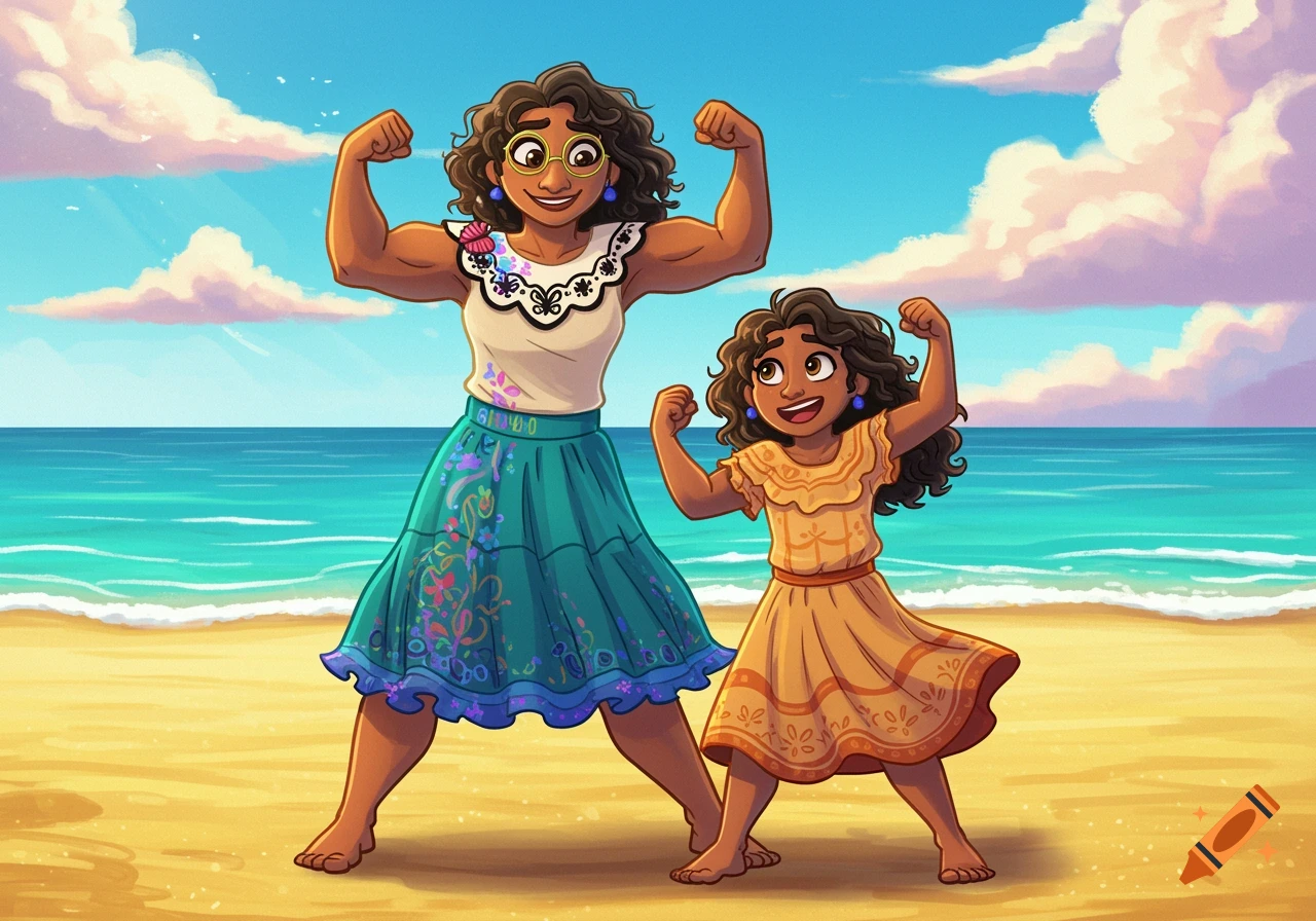 A cartoon of Encanto's Mirabel's mom and daughter flexing their muscles happily on a sandy beach.