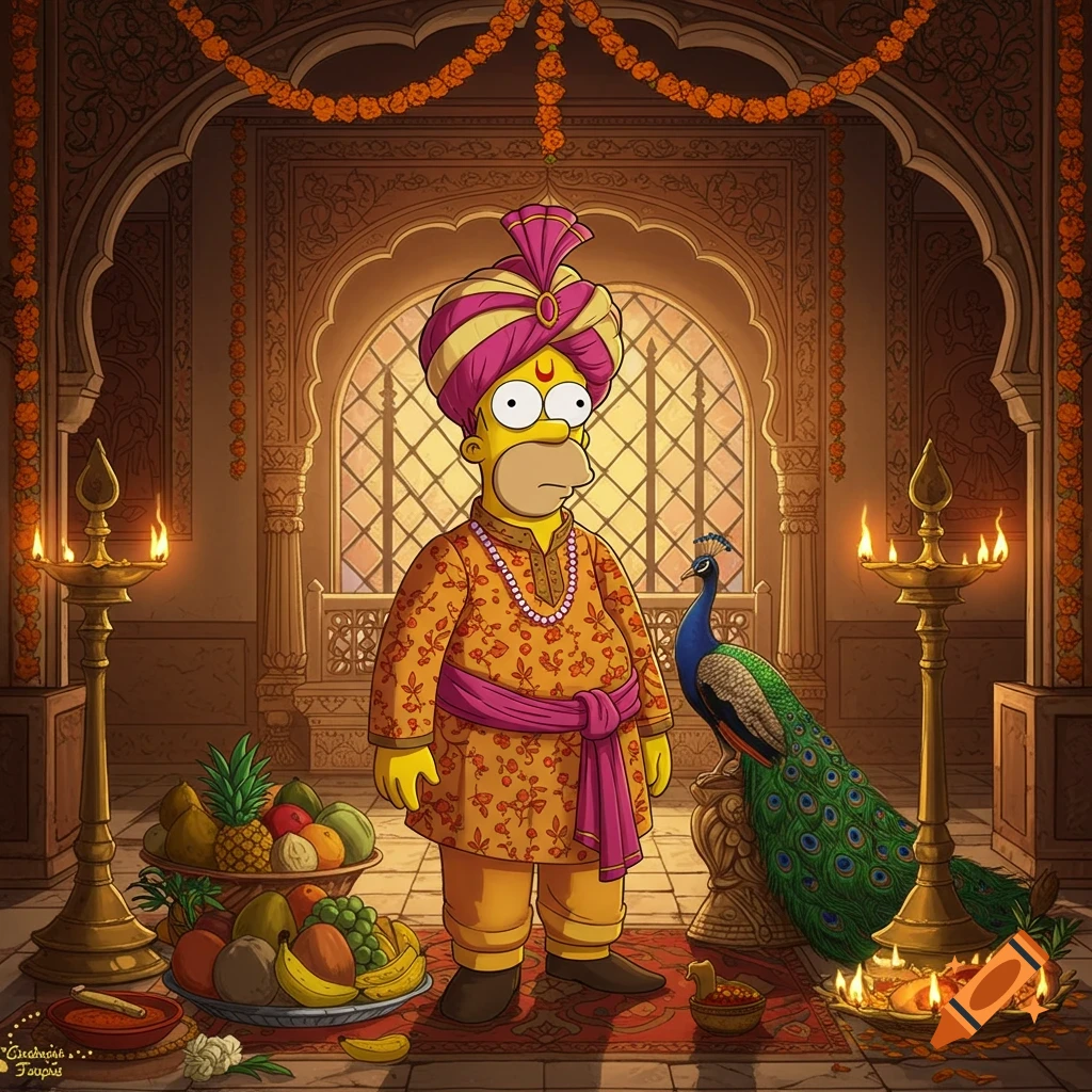 Homer Simpson in traditional Indian attire, wearing a turban and patterned kurta, standing in a decorative palace with a peacock.