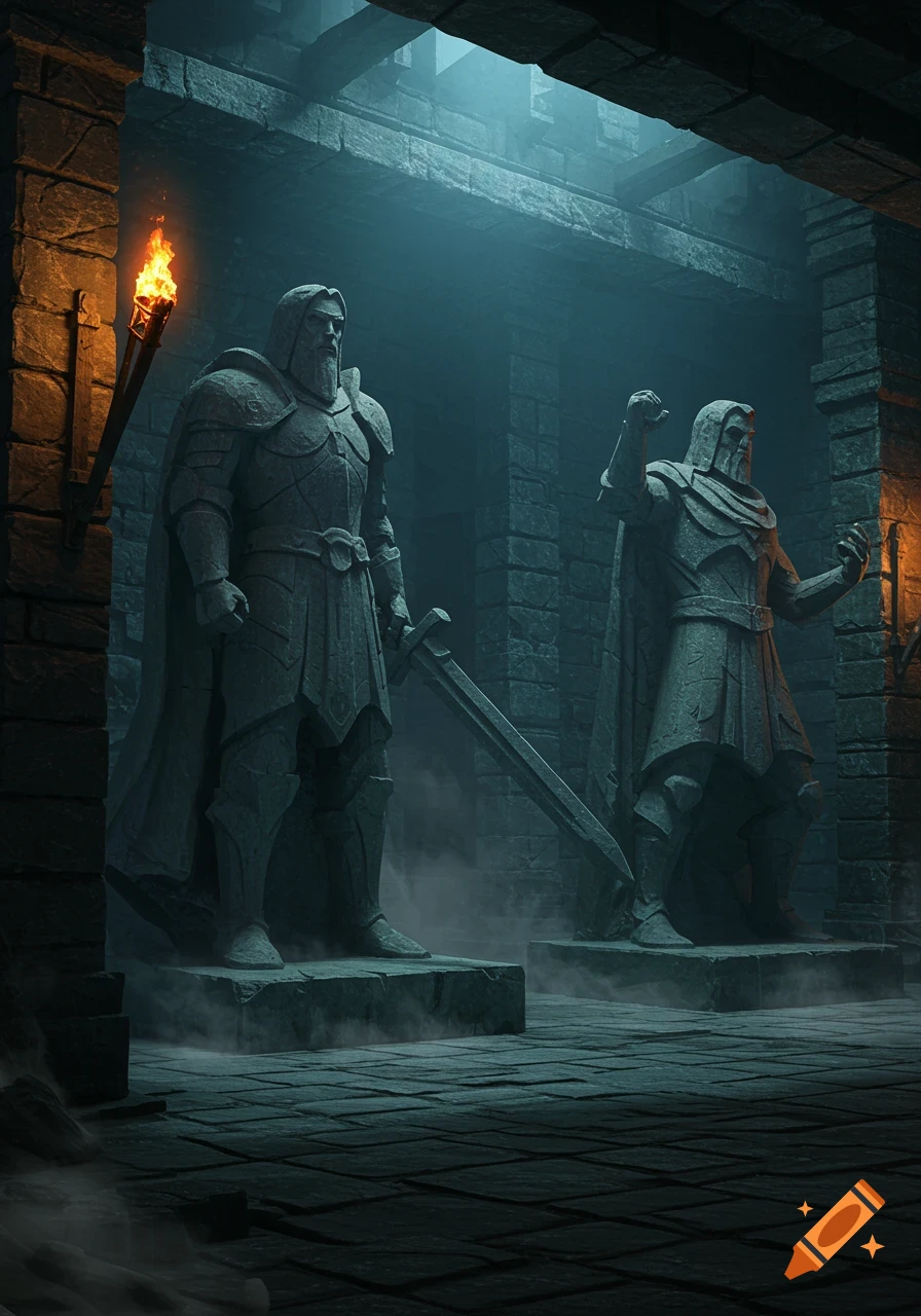 Two large stone statues of armored warriors stand in a dimly lit, ancient stone dungeon with a torch on the wall.