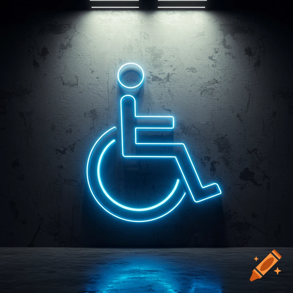 Neon blue wheelchair access symbol glowing on a dark concrete wall with dramatic lighting.
