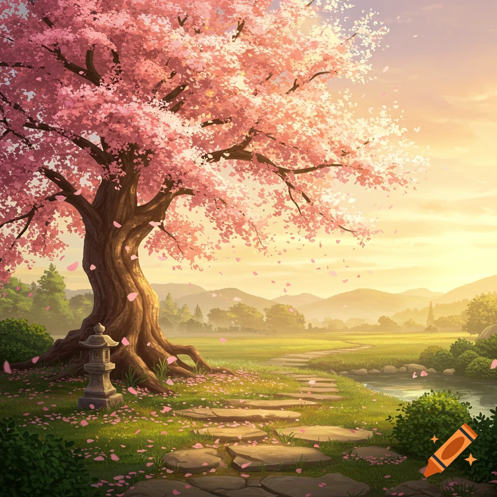 A vibrant pink cherry blossom tree stands beside a winding stone path in a sunny, peaceful landscape with a stream and distant mountains, in a painting style.
