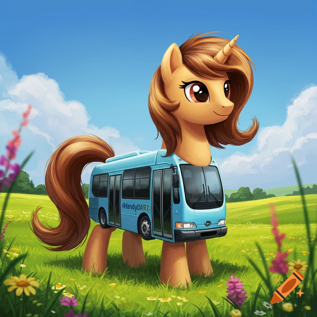 A cartoon unicorn pony with a brown mane and tail, and a light blue bus for its body, stands in a green field with flowers under a blue sky.