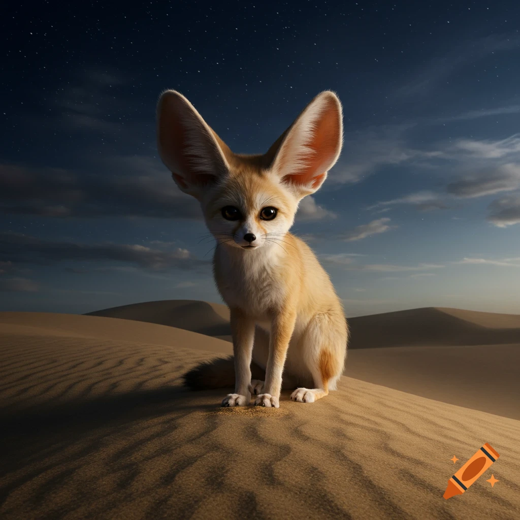 A hyperrealistic fennec fox with large ears sits on sand dunes under a starry night sky.
