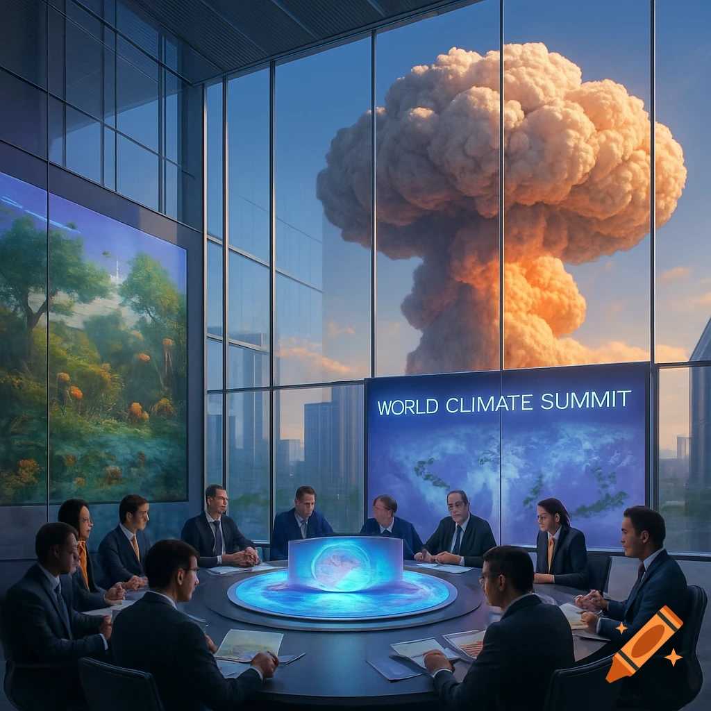 A group of people in suits attend a 'World Climate Summit' meeting in a modern skyscraper, unaware of a large mushroom cloud outside the window.