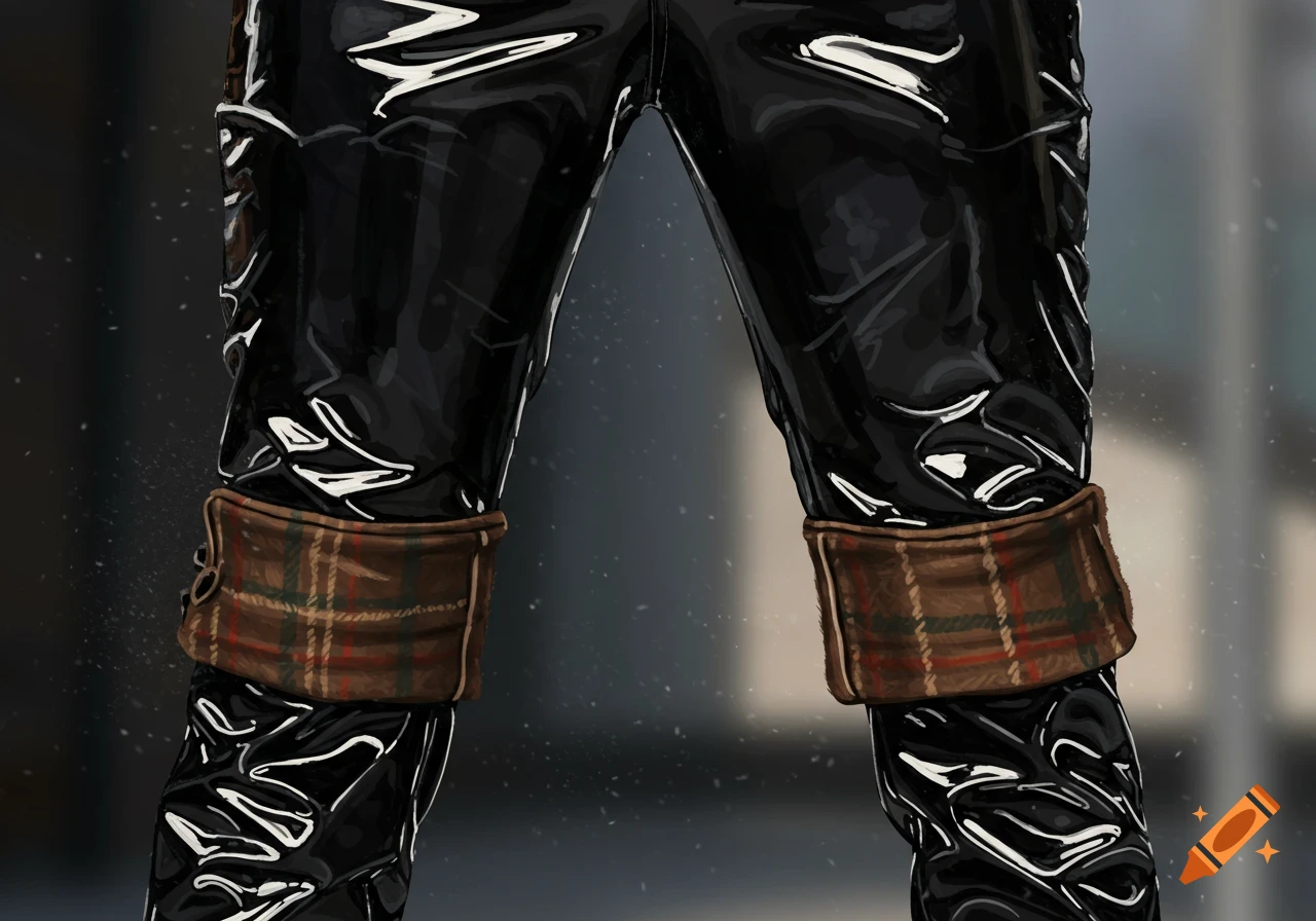 A close-up illustration of black shiny vinyl pants with brown and red plaid cuffs at the ankles.