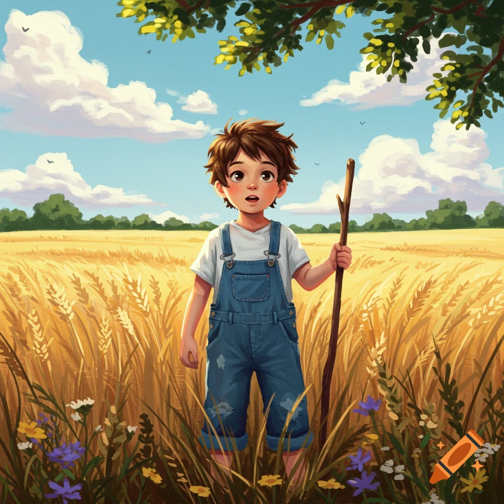 A cartoon boy in denim overalls holds a stick in a sunny wheat field under a blue sky.