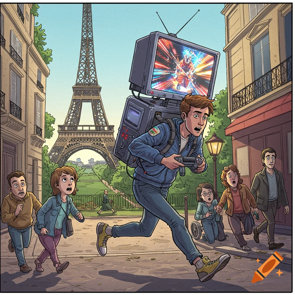 A man with a futuristic TV backpack and a game controller runs through a lively Paris street with the Eiffel Tower in the background, as surprised bystanders look on. Illustrated in a humorous comic panel style with bold outlines and bright colors.