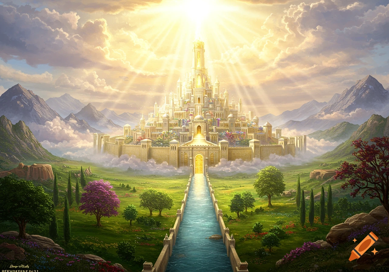 A radiant golden city with spires and walls on a hill, surrounded by lush green valleys, mountains, and a river under a bright, cloudy sky.