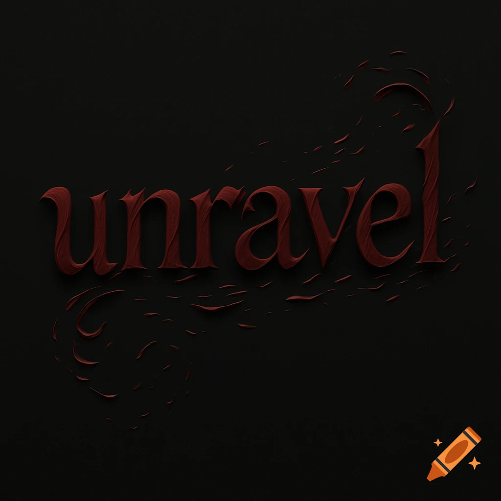 Dark red, textured word 'unravel' with a frayed, unraveling effect on a black background.