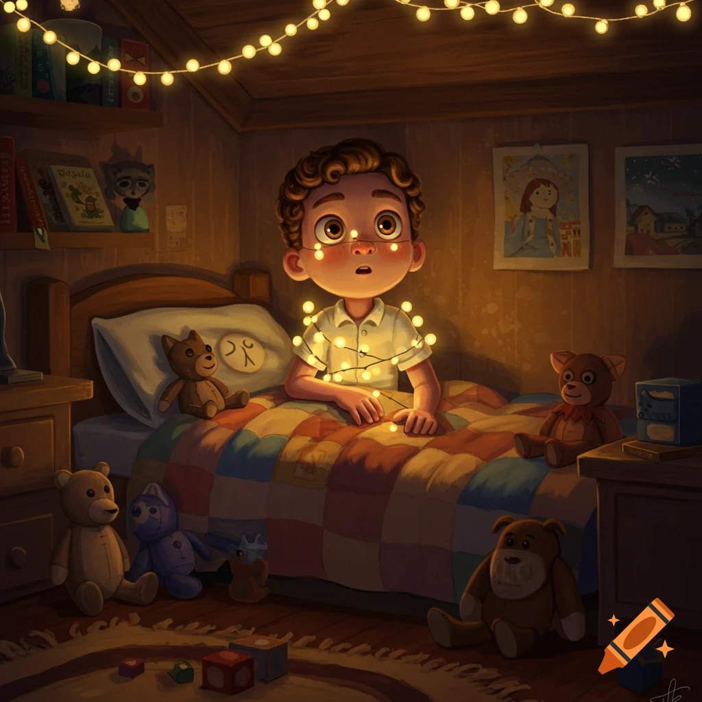 A young boy with curly hair tangled in fairy lights looks surprised in a cozy, dim bedroom with teddy bears and shelves.