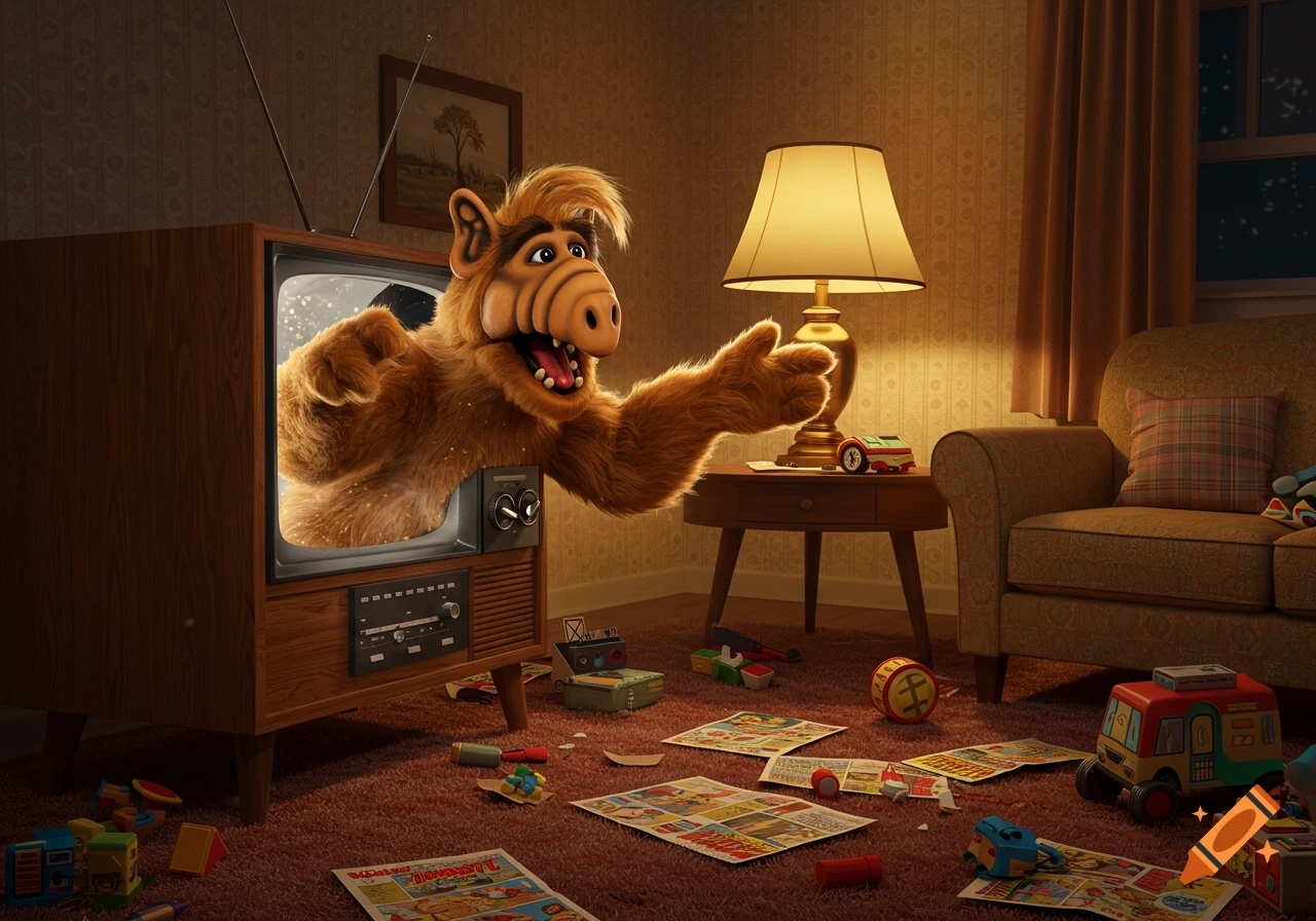 Alf, a brown furry alien with a large snout, emerges from a vintage television set in a cozy, retro living room filled with scattered toys and comic books.