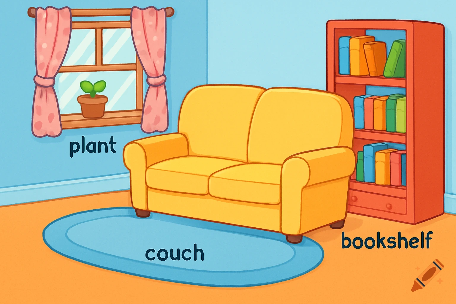 Colorful cartoon illustration of a living room with a yellow couch, window, plant, and bookshelf, labeled.