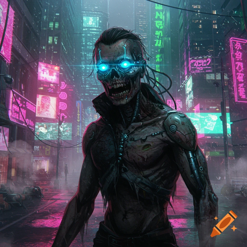 A menacing cybernetic zombie with glowing blue eyes stands in a neon-lit cyberpunk city street.