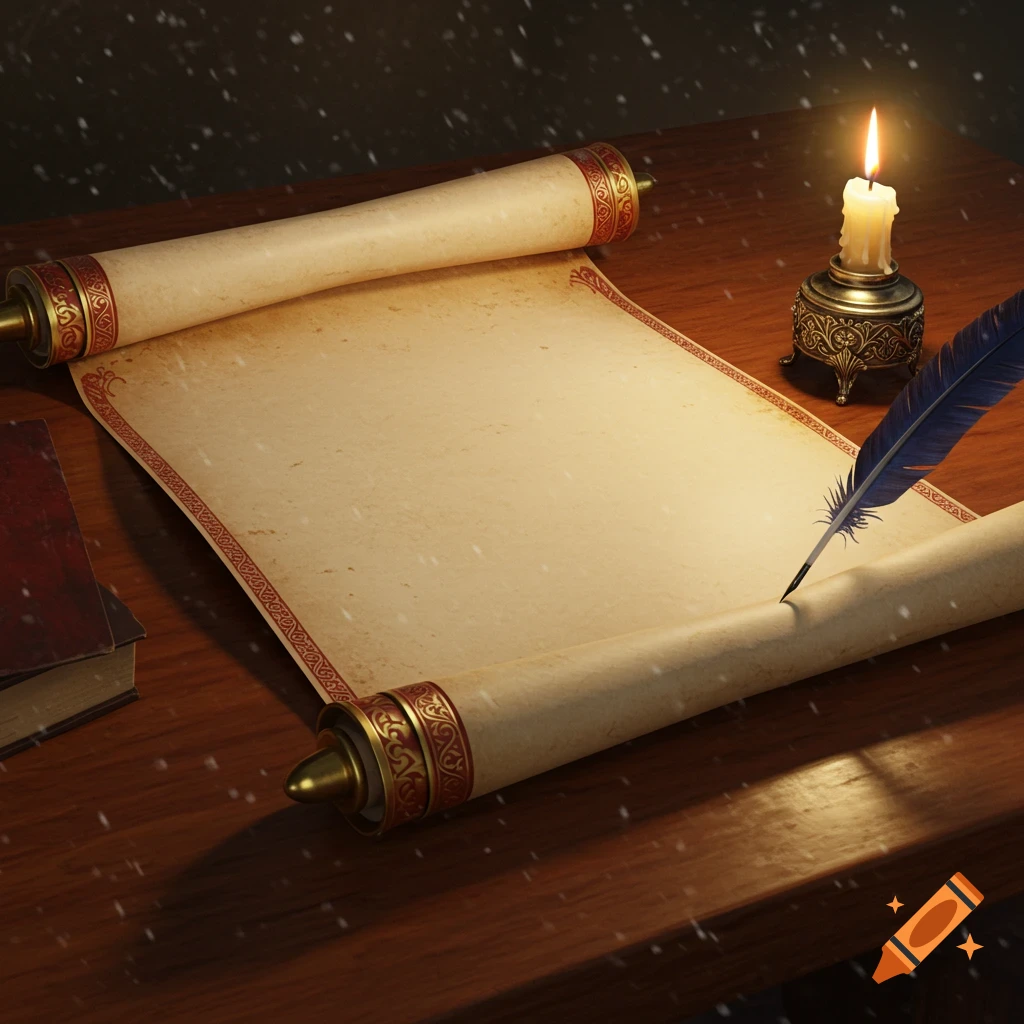 An ancient parchment scroll, a lit candle, and a quill pen on a wooden desk, with snowflakes falling.