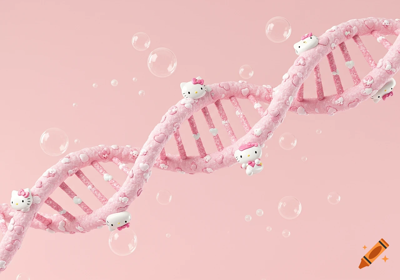 A pink, fuzzy DNA helix decorated with Hello Kitty characters and bubbles against a soft pink background.