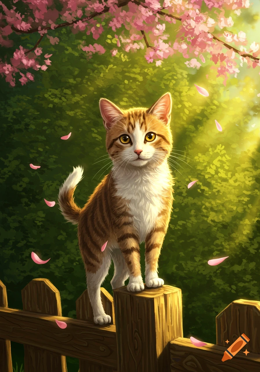 A tabby cat stands on a wooden fence post, surrounded by falling pink cherry blossoms and lush green foliage bathed in sunlight.