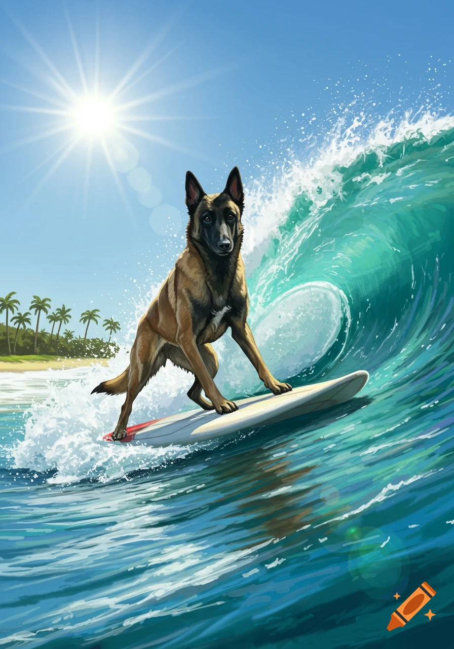 Illustration of a Belgian Malinois dog surfing a large turquoise wave near a tropical beach under a bright sun.