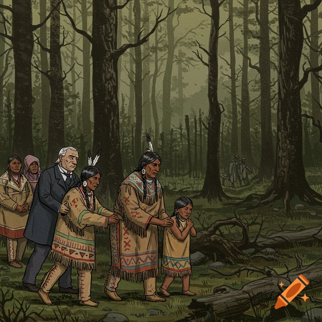 Political cartoon style illustration of Native Americans, including women and a child, being led through a forest by a white man.