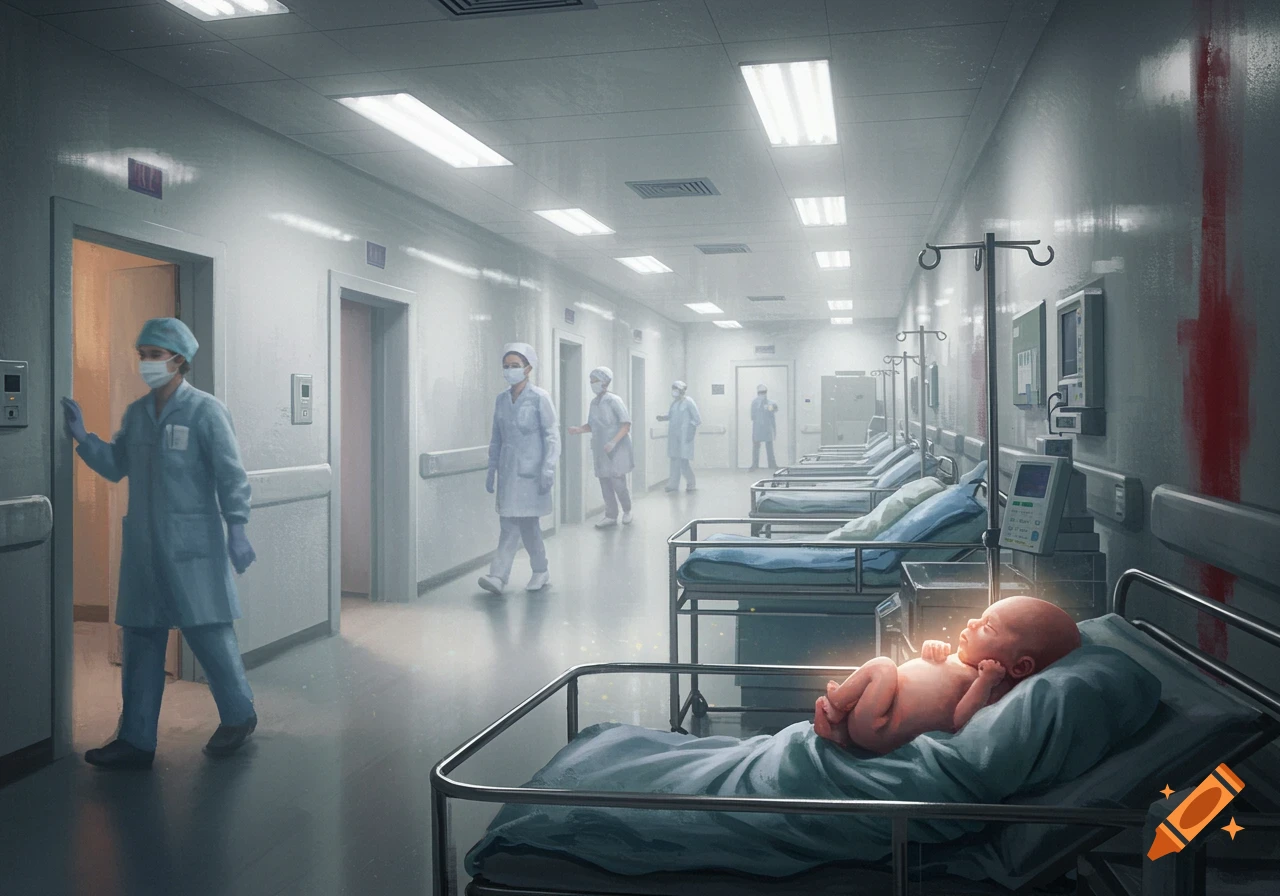 An illustrative image of a hospital hallway with nurses walking past beds, with a glowing newborn baby in the foreground.