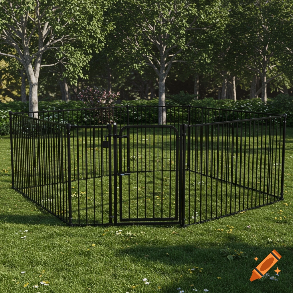 A black metal pet playpen with a gated entrance sits on green grass with trees in the background.
