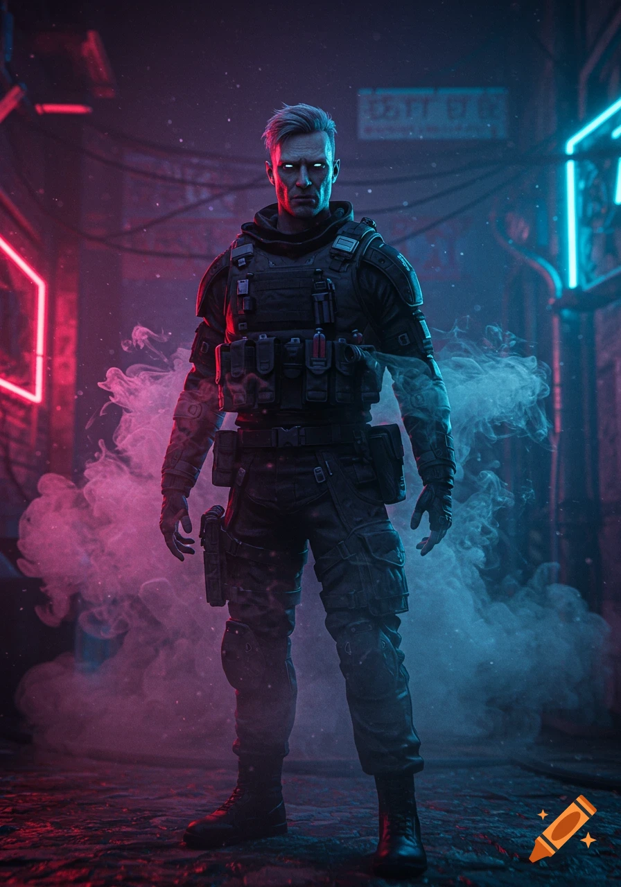 A man in tactical gear with glowing eyes stands in a dark, foggy cyberpunk alley lit by red and blue neon.