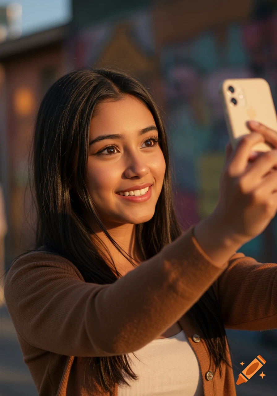 A smiling young woman with long dark hair takes a selfie with a light-colored smartphone outdoors.