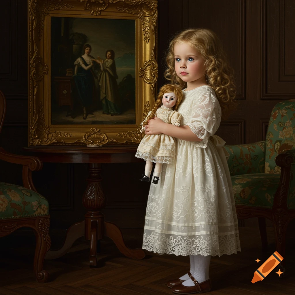 A photorealistic image of a Victorian girl in a white lace dress holding a doll, standing next to a framed painting and antique furniture.