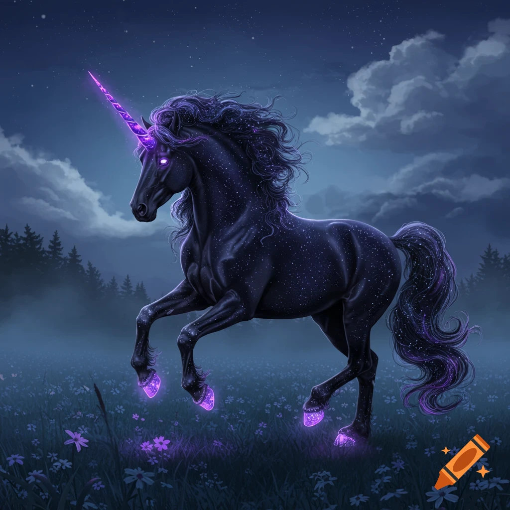 A majestic black unicorn sparkling with starlight, with a glowing purple horn and hooves, stands in a misty, moonlit field of glowing flowers.
