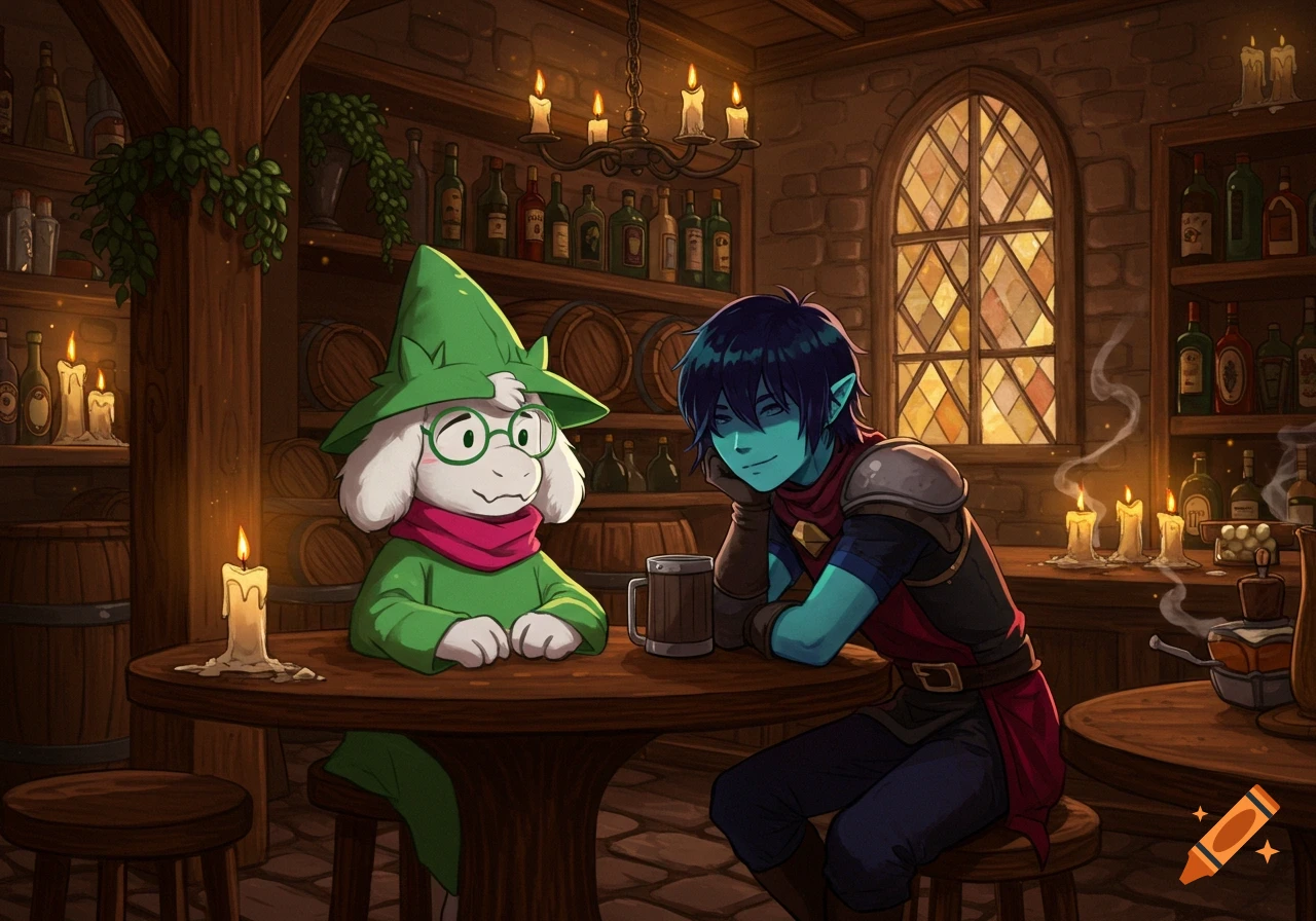 Deltarune characters Ralsei and Kris sit at a tavern table illuminated by candles in an anime style.