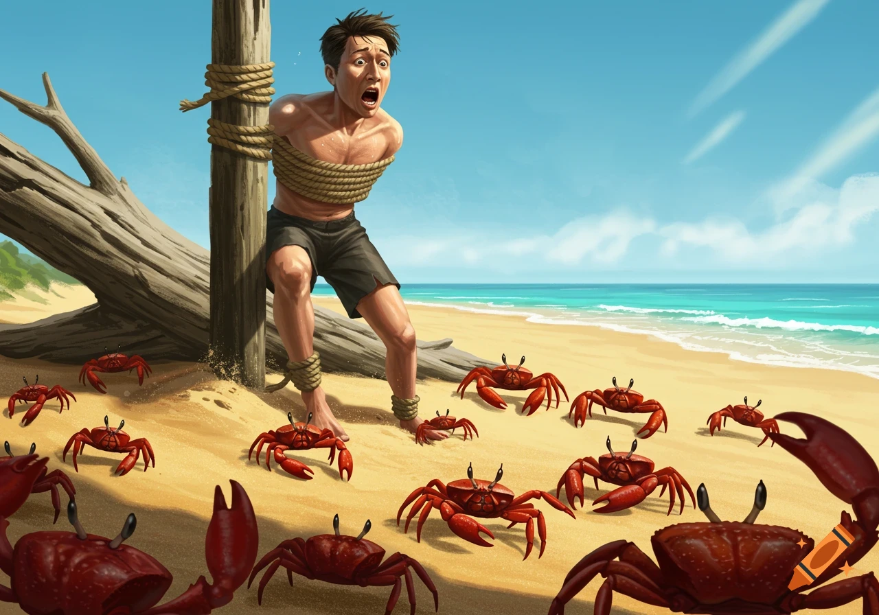 A terrified man tied to a wooden pole on a sandy beach, surrounded by many red crabs in a cartoonish illustration style.
