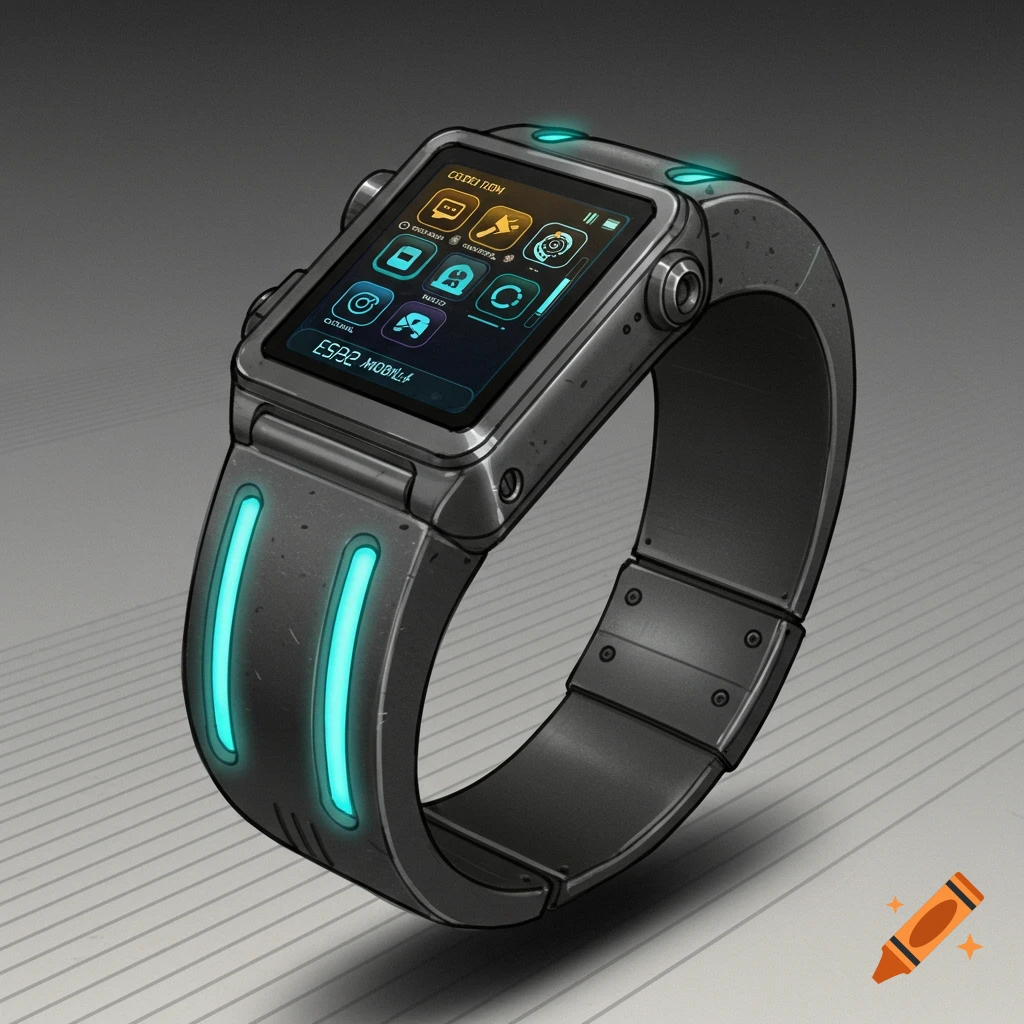 A stylized gray metallic futuristic smartwatch with a digital screen, icons, and glowing blue lights on the strap, depicted in concept art style.